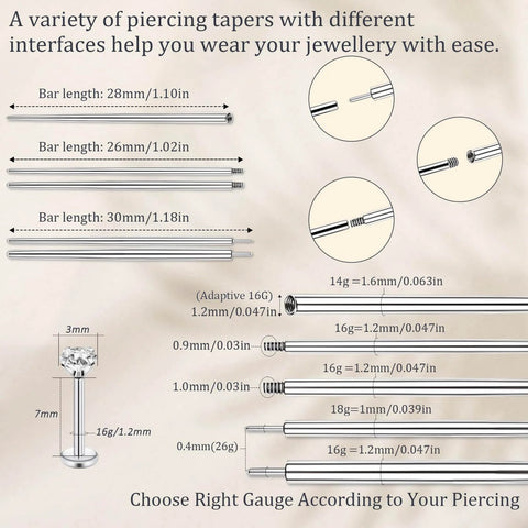 Piercing Taper And Ball Grabber Tool Set For 14G 16G 18G 20G Stainless Steel Flat Back Earring Applicator with dimensions and diagrams.