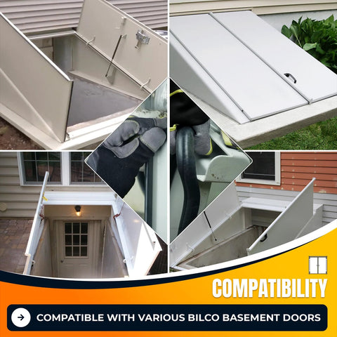 Bilco basement door weatherstrip kit with 4 cap seal pads, 1 bulb trim gasket, 1 U-shaped gasket; white metal hatch.
