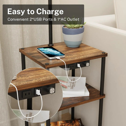 No Fuss All In One Floor Lamp With Table And Shelves Built In Two USB Ports And Outlet, close-up of charging feature with phone and plant.