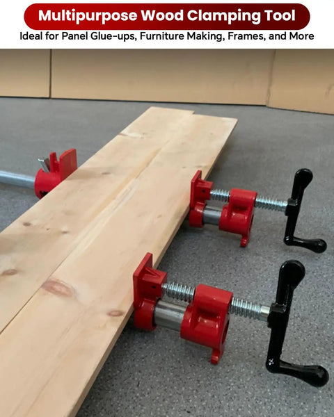Heavy Duty Cast Iron Pipe Clamps 4 Pack For Real Woodworking Tough As Nails Jig And Wood Glue Press holding wooden boards.