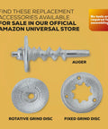Replacement auger, rotative grind disc, and fixed grind disc for Heavy Duty Cast Iron Grain Mill With High Hopper Manual Crank Grinder.