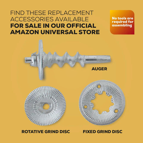 Replacement auger, rotative grind disc, and fixed grind disc for Heavy Duty Cast Iron Grain Mill With High Hopper Manual Crank Grinder.