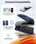 Straight Up Top Shelf MagSafe Power Bank With Hella Fast 18W Charging shown with various compatible phones and AirPods.