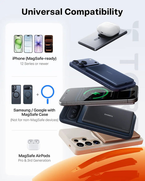 Straight Up Top Shelf MagSafe Power Bank With Hella Fast 18W Charging shown with various compatible phones and AirPods.