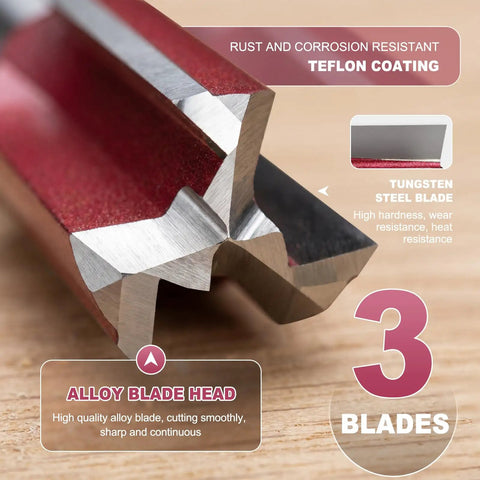 Heavy Duty Straight Router Bit Featuring Heat Treated Tungsten Carbide Blades close-up showing alloy blade head and Teflon coating.