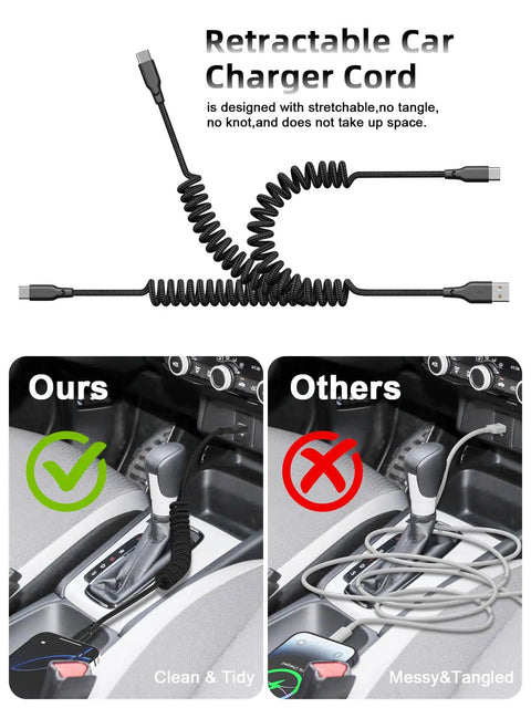 Two Pack 3ft Coiled USB A To USB C Fast Charge Car Cord For iPhone 17 16 15 Plus Pro Max And MacBook Pro vs tangled cables