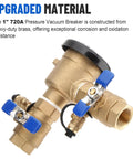 1-Inch 720A Brass Backflow Preventer Valve And Pressure Vacuum Breaker Assembly, showing brass construction with blue handles