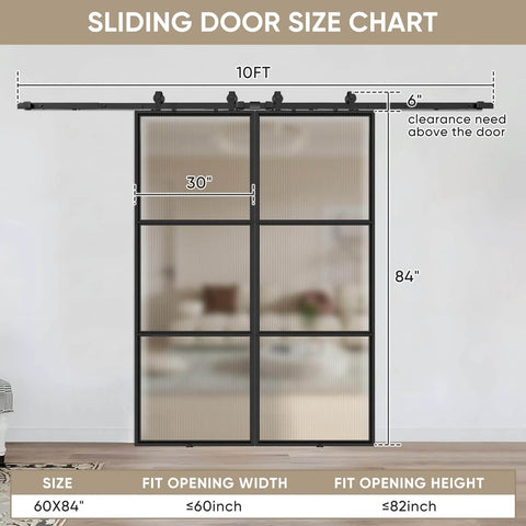 Two In One Double Barn Door Set 60 Inch By 84 Inch With 10 Ft Hardware Kit And Soft Close Reeded Glass Carbon Steel Frame view