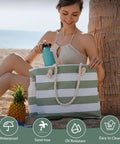 Woman at beach with Big Beach Tote Bag For Women, Waterproof and Sandproof with Zipper, Huge Capacity Swim and Pool Tote, Foldable Lightweight Green