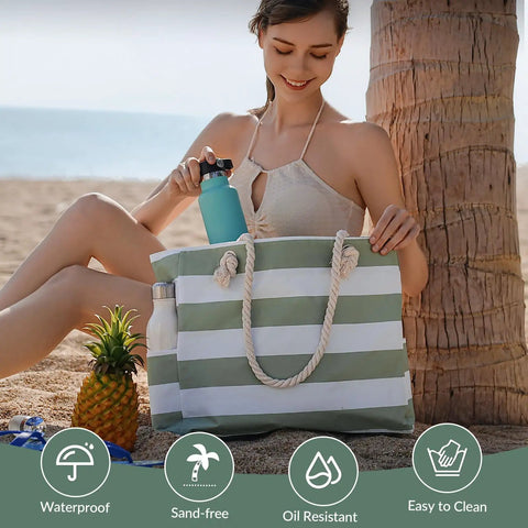 Woman at beach with Big Beach Tote Bag For Women, Waterproof and Sandproof with Zipper, Huge Capacity Swim and Pool Tote, Foldable Lightweight Green