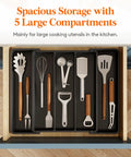 Expandable Utensil Drawer Organizer For Kitchen Drawers With Adjustable Cutlery Tray And Silverware Holder, black, fitted in drawer.