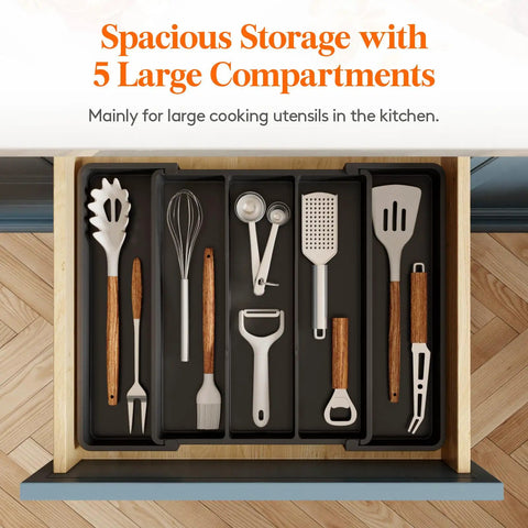 Expandable Utensil Drawer Organizer For Kitchen Drawers With Adjustable Cutlery Tray And Silverware Holder, black, fitted in drawer.