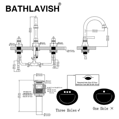 Diagram of Brushed Nickel Widespread Bathroom Faucet Set 8 Inch 3 Hole With Two Handles Farmhouse Lavatory Vanity Mixer Faucet