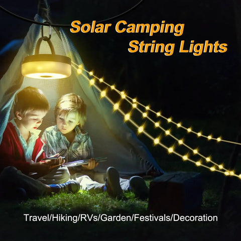 Children in tent with 4 In 1 Solar Camping String Lights With Remote Control And Extra Long 72.2 Ft LED String 220 LEDs USB Lantern