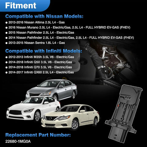 Direct Drop In Mass Air Flow Sensor Fits Nissan Altima Pathfinder Infiniti Q50 Q70 Qx60 2.5L Engines Maf Meter OE 226801mg0a with vehicle compatibility details.
