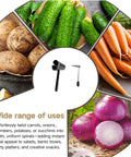 Front view of spiral vegetable cutter set with stainless steel piranha-style blades and black handle.