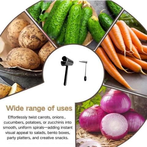 Front view of spiral vegetable cutter set with stainless steel piranha-style blades and black handle.