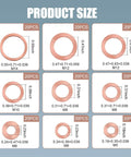 Copper Crush Washer Set for Oil Pan Plugs, 200 Piece Assortment in 9 Sizes with dimensions and piece count shown.