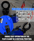 Front view of FITHOIST vertical plate clamp, blue lifting clamp for plates, 0.8T capacity, jaw opening 0–0.6 inches