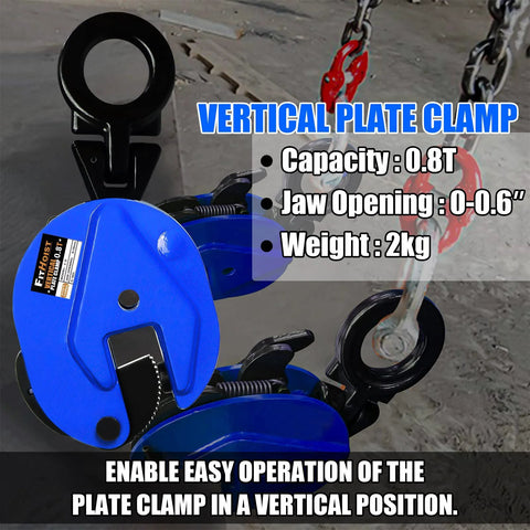 Front view of FITHOIST vertical plate clamp, blue lifting clamp for plates, 0.8T capacity, jaw opening 0–0.6 inches