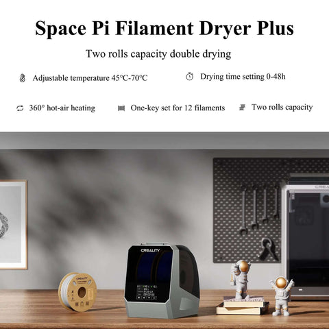Space Pi Filament Dryer Plus with dual roll capacity on a desk, featuring heat control and LCD screen for drying PLA, PETG, ABS, TPU.