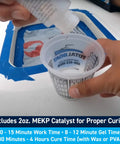 Premium Marine Grade Polyester Gelcoat For Fiberglass Repair White Quart being mixed with MEKP catalyst in a measuring cup.