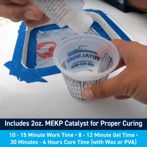 Premium Marine Grade Polyester Gelcoat For Fiberglass Repair White Quart being mixed with MEKP catalyst in a measuring cup.