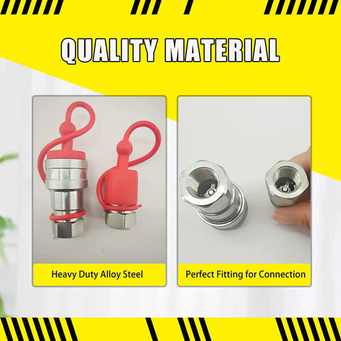 Heavy Duty 3/8 Inch Npt Hydraulic Quick Connect Coupler Set Iso 5675 Carbon Steel Couplings with protective caps for easy connection.
