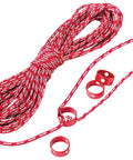 Reflective Camping Cord Kit With 15m Of 3mm Cord Four CamRing Tensioners Knot Free Tensioning Night Visible Strands. Red color.