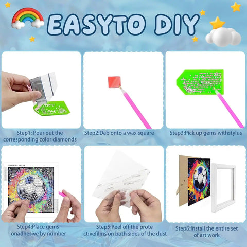 Easy DIY instructions for Football Diamond Art Kit For Kids With Frame 7 By 7 Inch Diamond Painting Craft for Ages 4 8 12.