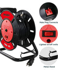 Open Cord Reel With Four Grounded Outlets, Heavy Duty Portable Hand Crank Power Cord Roller Organizer, Red, Pro Grade Worksite Ready
