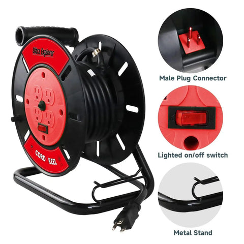 Open Cord Reel With Four Grounded Outlets, Heavy Duty Portable Hand Crank Power Cord Roller Organizer, Red, Pro Grade Worksite Ready