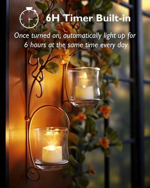 Battery Operated Timer Tea Lights With Built In 6 Hour Timer Auto On Daily Flameless Led Tealight Votives illuminating on a wall bracket
