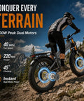 Heavy Duty Dual Motor Electric Bike For Adults With 5000W Peak Power And Awd on rugged terrain showcasing 40MPH top speed and fat tires.