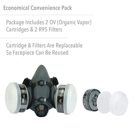 Reusable Half Mask Respirator For Paint Spray And Pesticides With OV Cartridges And R95 Filters, Convenience Pack shown with cartridges