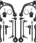 Front view of 14-piece RWD suspension kit with upper/lower arms, ball joints, tie rods and hardware.