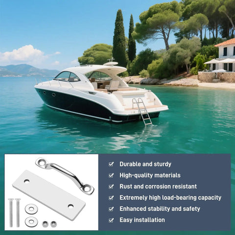 Stainless Steel Dock Ladder Hardware Attachment Kit For Pontoon Ladders And Swim Platforms Heavy Duty Replacement Set For Folding Pontoon Ladders AL A3 A4 A5 And AL C4 Two Pack displayed with boat.