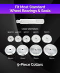 Bearing Race And Seal Driver Set With Seal Driver And Nine Bearing Adapters for various wheel bearing sizes on display.