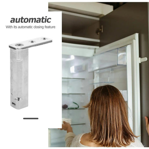 Beefed Up Refrigerator Door Hinge Replacement Kit for Freezer with Auto Close Spring Hinge Easy Install No Tools Needed Durable Fridge Door Hinge Fits Most Models Keeps Doors From Slamming, stainless steel hinge installed on fridge door