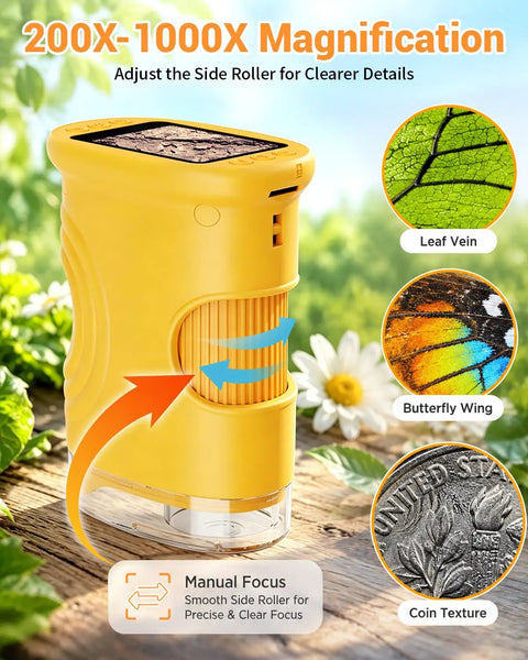 Kid-Friendly Handheld Microscope With 2.0 Inch IPS Screen, 1000X Magnification, Rechargeable Portable STEM Lab Toy for Boys and Girls Ages 4-12, Outdoor Science Gift, Educational Pocket Microscope, Orange, yellow plastic with side roller