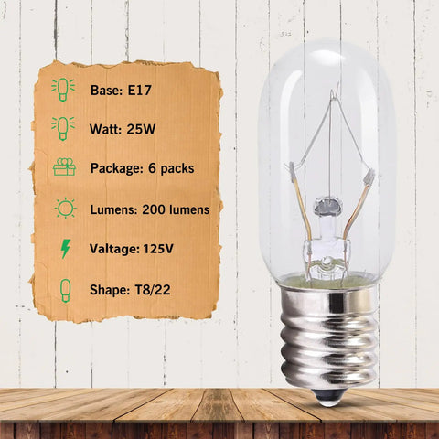 Six Pack 125V 25W Microwave Light Bulbs T8 E17 Base Clear Glass Replacement For Oven And Microwave Parts product details