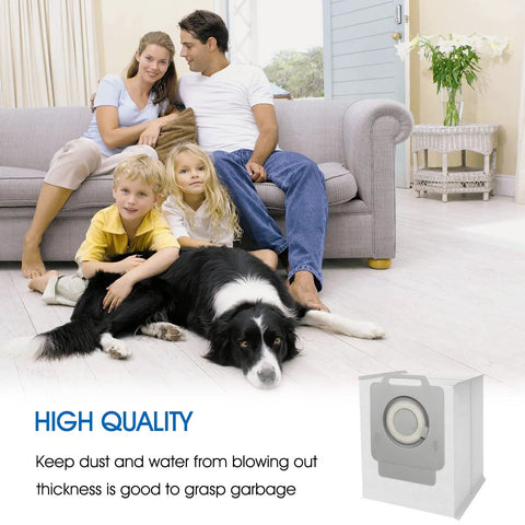 Family with dog on floor next to high-quality 14 Pack Roomba Compatible Vacuum Bags For I7 I7 Plus And Series Automatic Dirt Disposal.