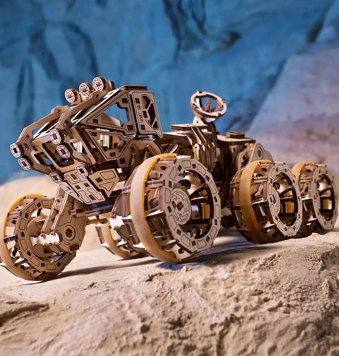 Epic Manned Mars Rover 3D Puzzle Kit With Spring Drive And 6x6 All Wheel Drive Independent Suspension Swiveling Cab Rubberized Wheels Folding Rear Ramp 360 Degree Antenna Laser Engraved Solar Panels 562 Piece DIY Space Craft Model, wood puzzle rover
