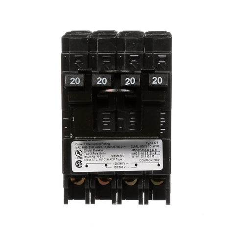 Q22020CT2 Two 20 Amp Double Pole Circuit Breaker For Space Saving Plug In Quadplex One Half Inch Frame UL Listed DIY Friendly Panel Upgrades And Home Wiring, black 20A quadplex breaker