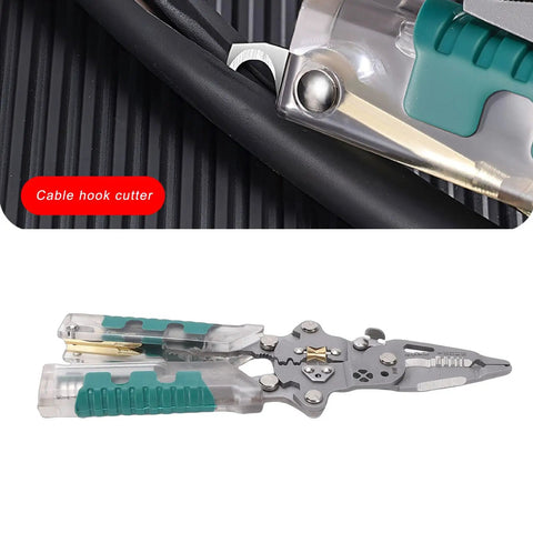 Kickass 12 In 1 Wire Stripper And Crimper Pocket Multitool Pliers with cable hook cutter feature on black surface.