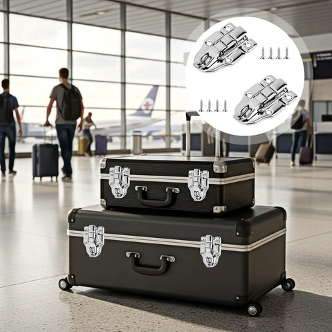Suitcases with Two Pack Duckbilled Box Hasp Lock Toggle Latch With Padlock Hole for jewelry boxes, airports in background.