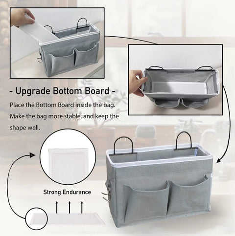 Two Pack Wall Hanging Organizer Bags With Linen Fabric Door Hanging Storage Baskets With Pockets Waterproof Durable Organizer Bin for Kitchen Bedroom Office and RV Camper Gray Finish Upgraded Version showing upgrade bottom board and pockets