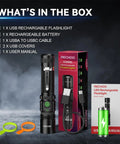 Rechargeable LED Flashlight 1000 Lumens With Dual Switch, box contents including battery, USB-C cable, and user manual