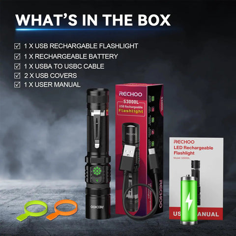 Rechargeable LED Flashlight 1000 Lumens With Dual Switch, box contents including battery, USB-C cable, and user manual