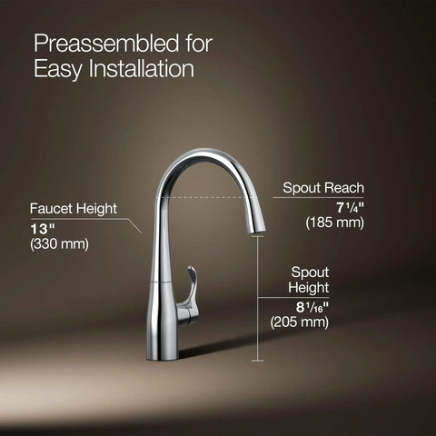 Single Handle Kitchen Bar Faucet For Prep Sink With Single Hole Installation Polished Chrome Flexible Supply Lines Ceramic Disc Valve Temperature Memory No Fuss Controls Durable Performance For Everyday Use, showing dimensions